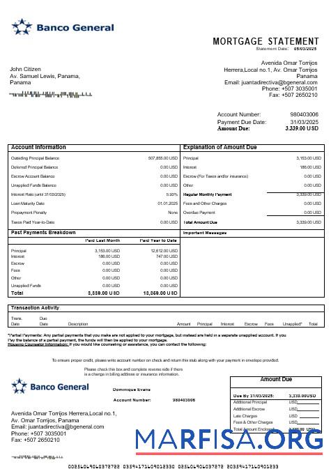Downloadable Panama Banco General mortgage statement in Word and PDF formats template
